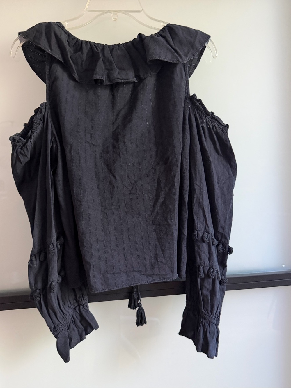 Rebecca Minkoff Black Cold Shoulder Ruffle Boho Blouse Size L - Picture 5 of 6
